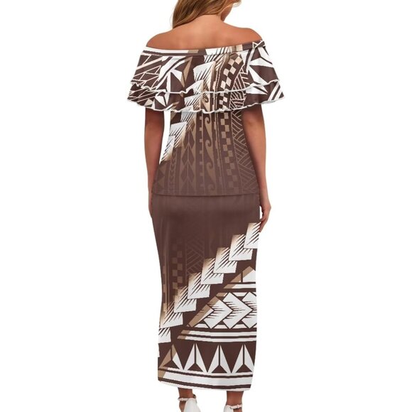 Polynesian Puletasi 2pc Dress Set Women's Ruffle Off Shoulder Maxi Casual - Picture 3 of 6